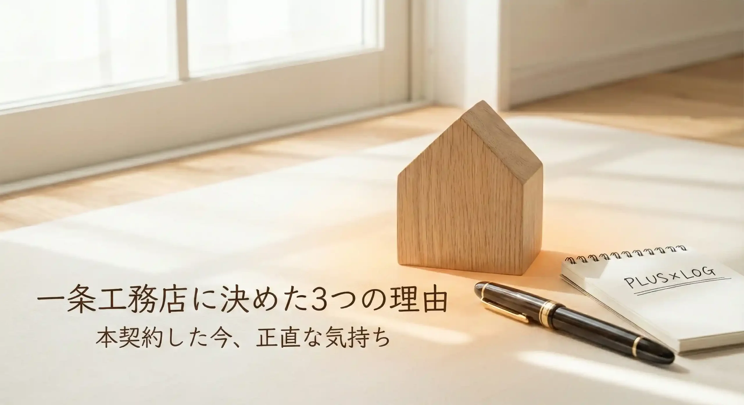 木の家模型とノートを背景に一条工務店へ決めた3つの理由を示すアイキャッチ