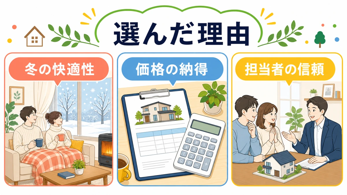 冬の快適性と価格への納得感と担当者への信頼を示す図