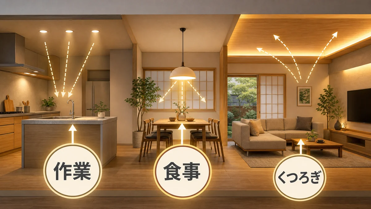ダウンライトとペンダントライトと間接照明の使い分けを示す図解