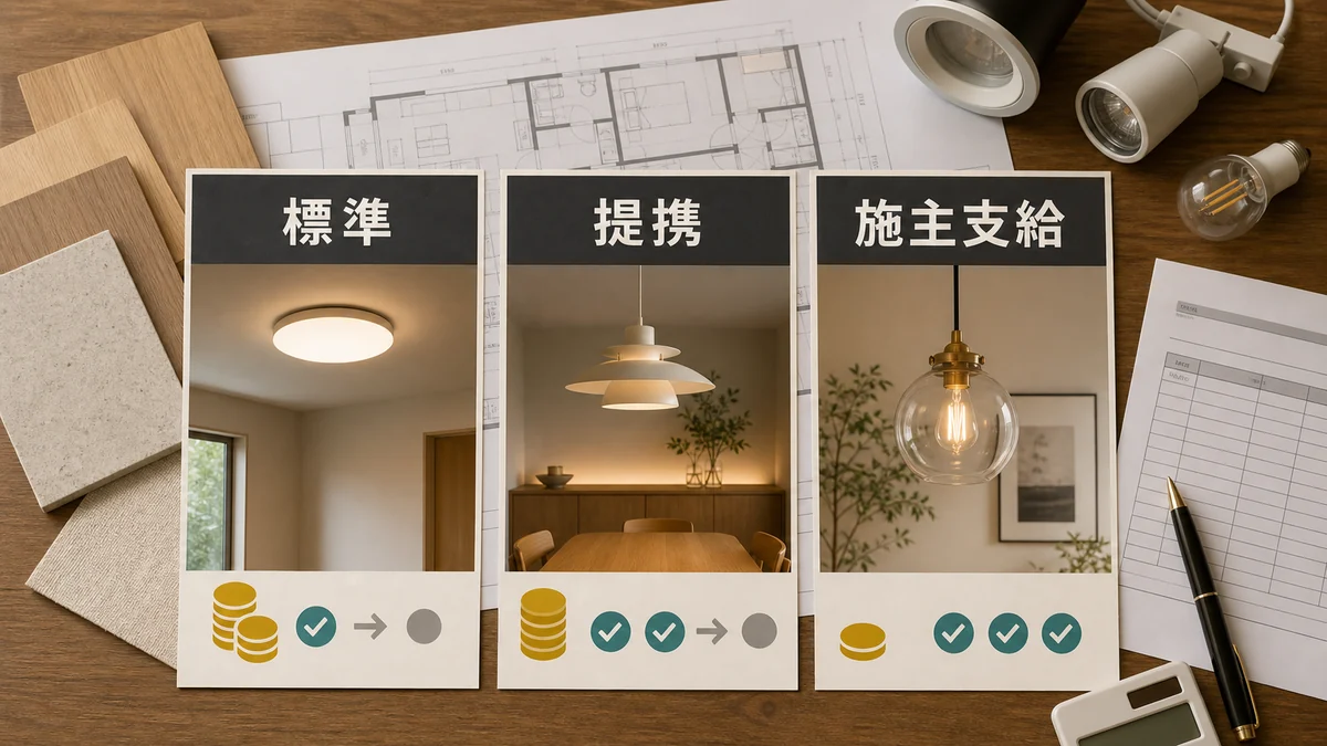標準照明と提携照明と施主支給の費用と自由度を比較する図解
