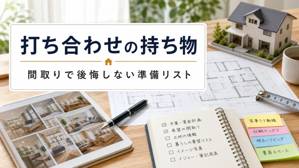 打ち合わせノートと間取り図の実写風アイキャッチ