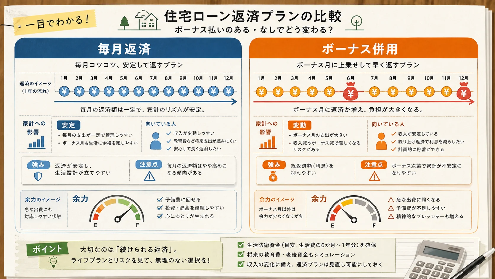 毎月返済とボーナス併用返済を比較する住宅ローン返済プランの図解