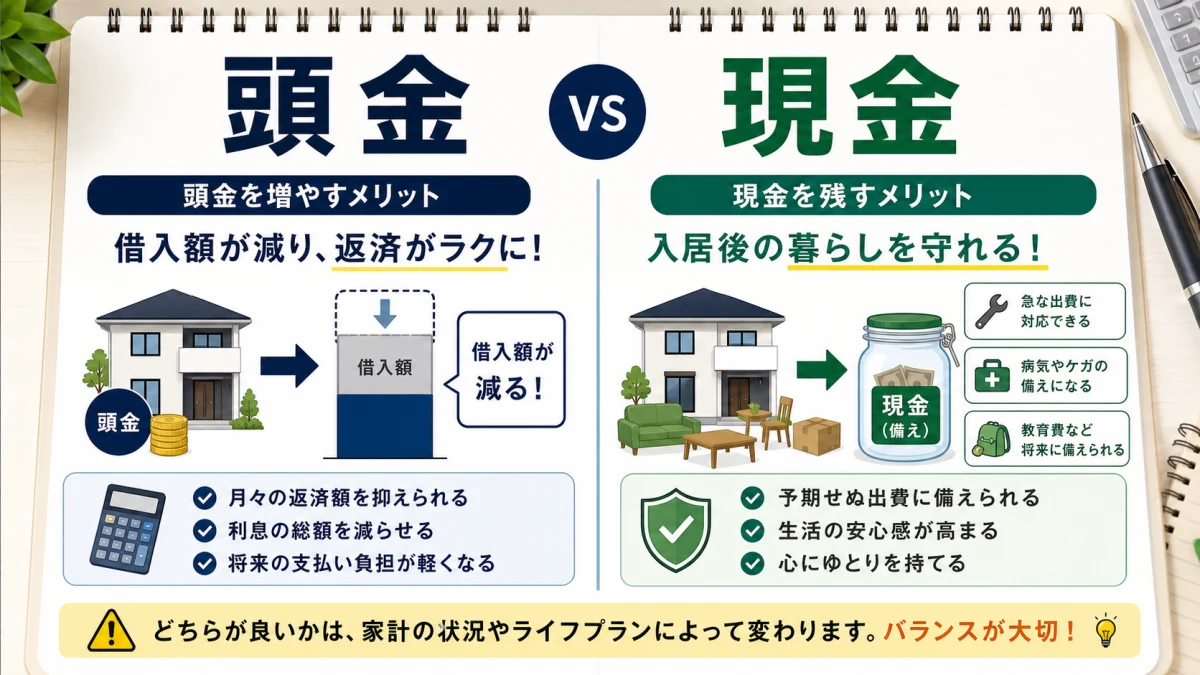 頭金を増やす場合と現金を残す場合を比較した図解