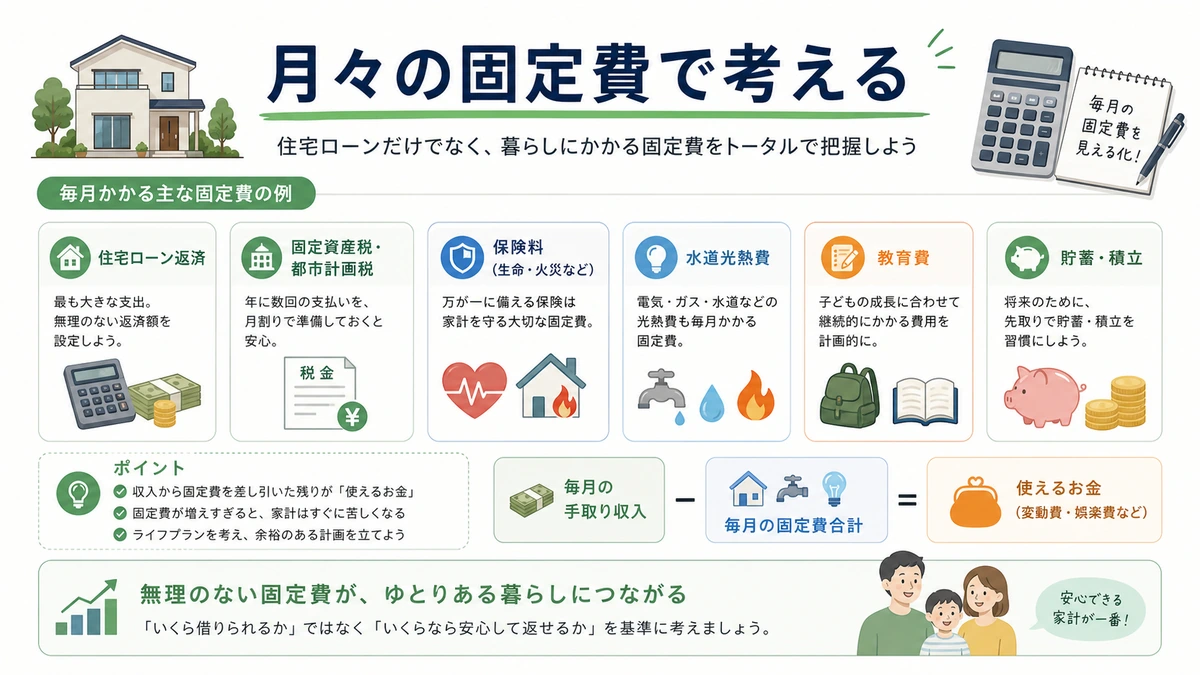 住宅ローンの借入額だけでなく月々の固定費で考える図解
