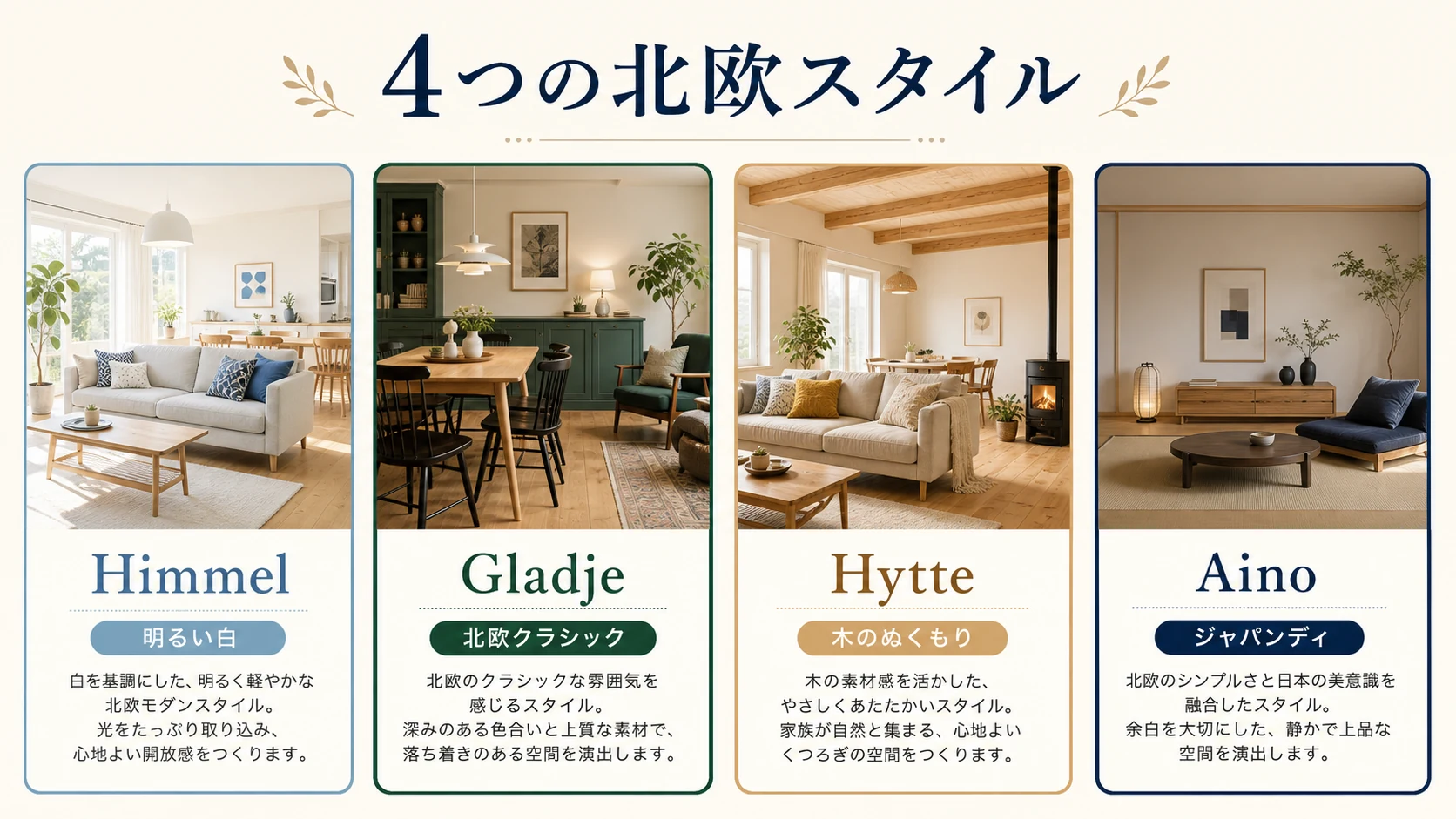 NaturiaのHimmel Gladje Hytte Ainoの4つの北欧スタイルを比較する図解