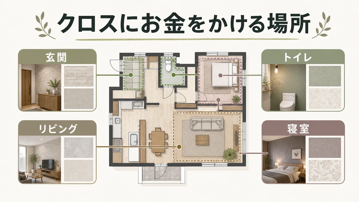 オプションクロスにお金をかける場所を玄関・トイレ・寝室・リビングで整理した図解