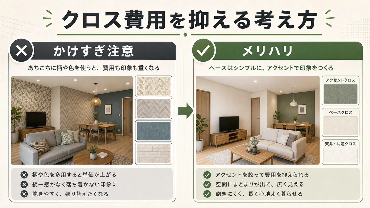 クロス費用を抑えるためにアクセントを絞る考え方の図解