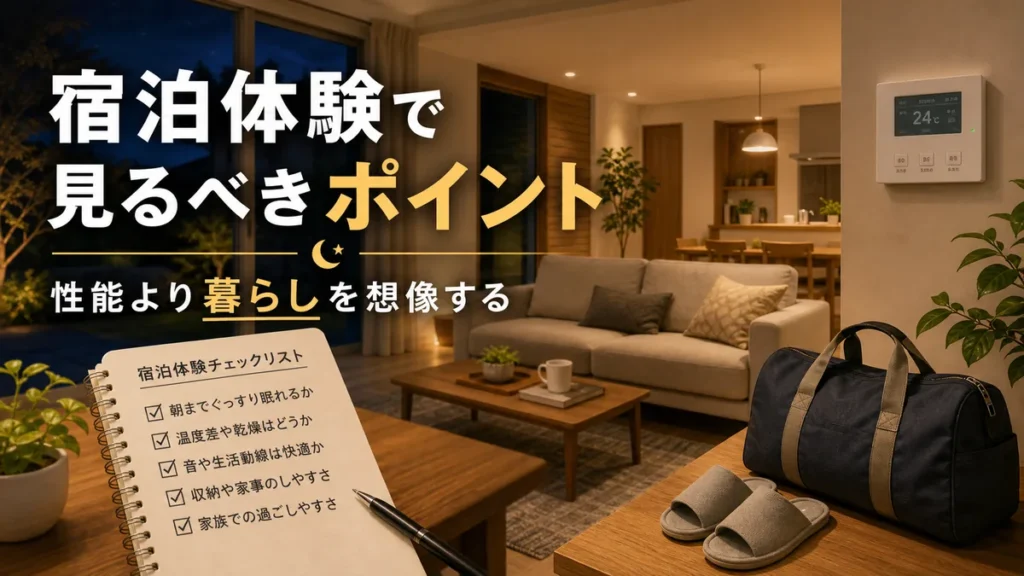 一条工務店の宿泊体験で暮らしを想像する夜のリビング