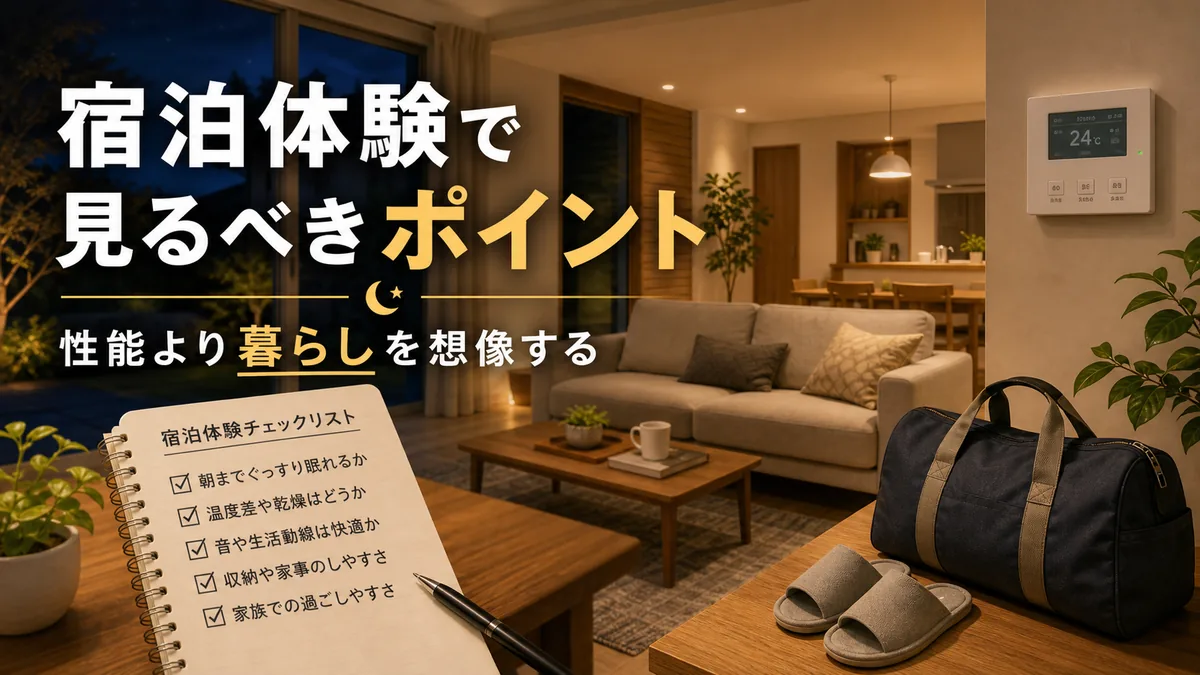 一条工務店の宿泊体験で暮らしを想像する夜のリビング