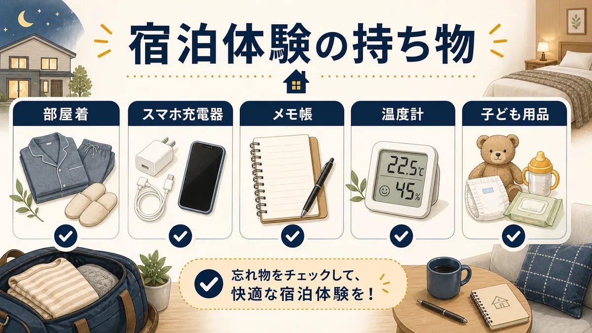 一条工務店の宿泊体験に持っていきたい部屋着・充電器・メモ帳・温度計・子ども用品の図解