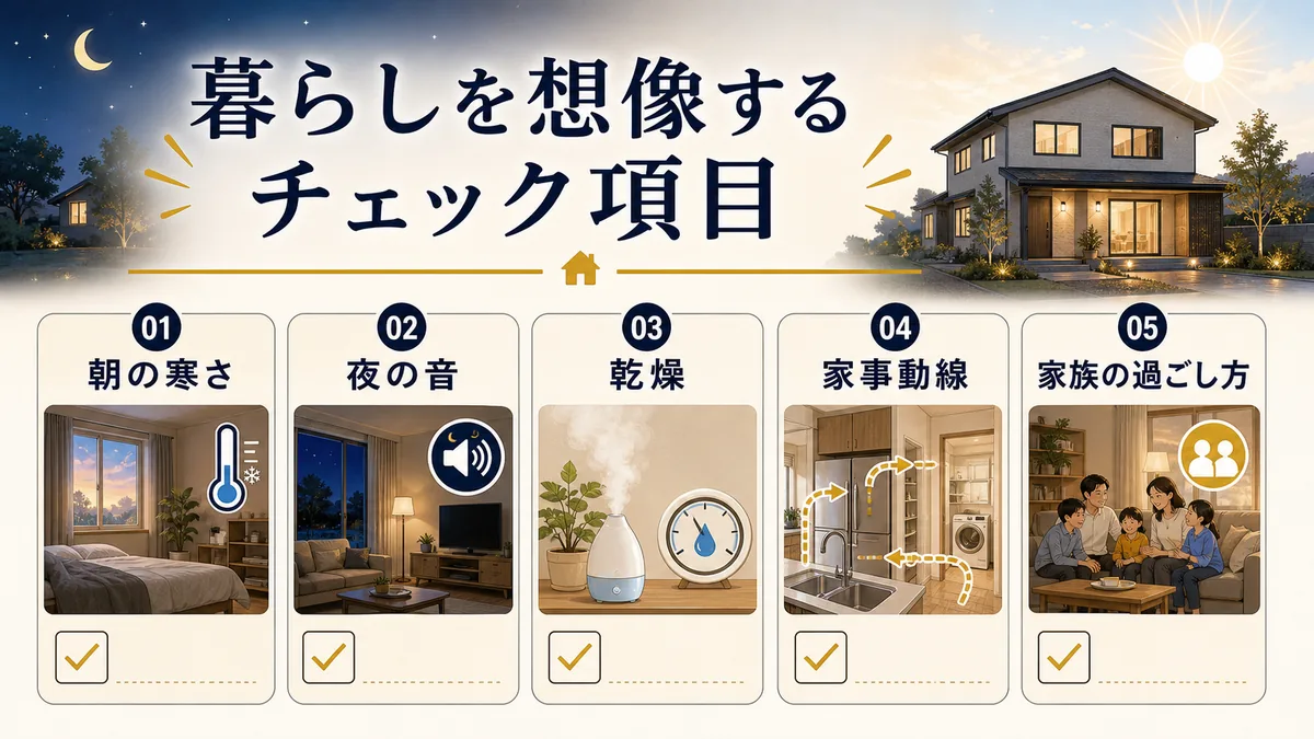 宿泊体験で朝の寒さ・夜の音・乾燥・家事動線・家族の過ごし方を確認する図解