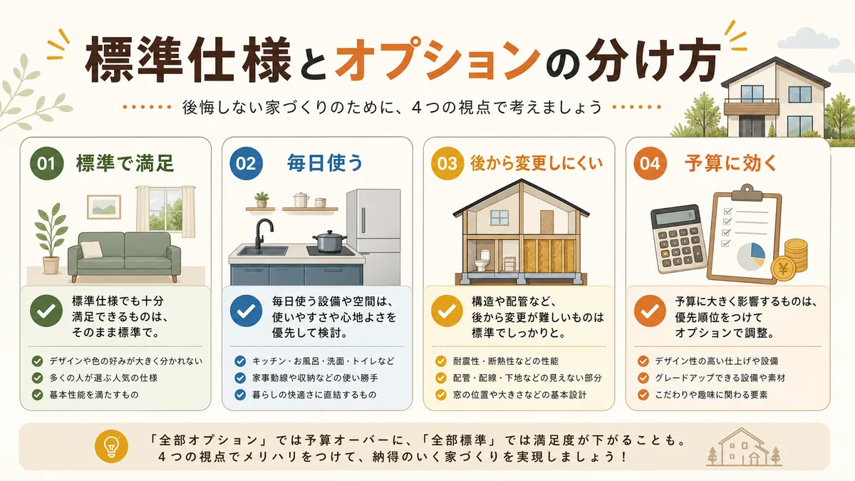一条工務店の標準仕様と追加オプションを比較する表