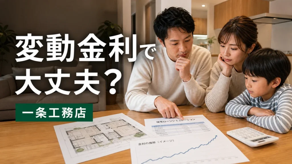 一条工務店の住宅ローンで変動金利を選ぶか家族で返済シミュレーションする様子