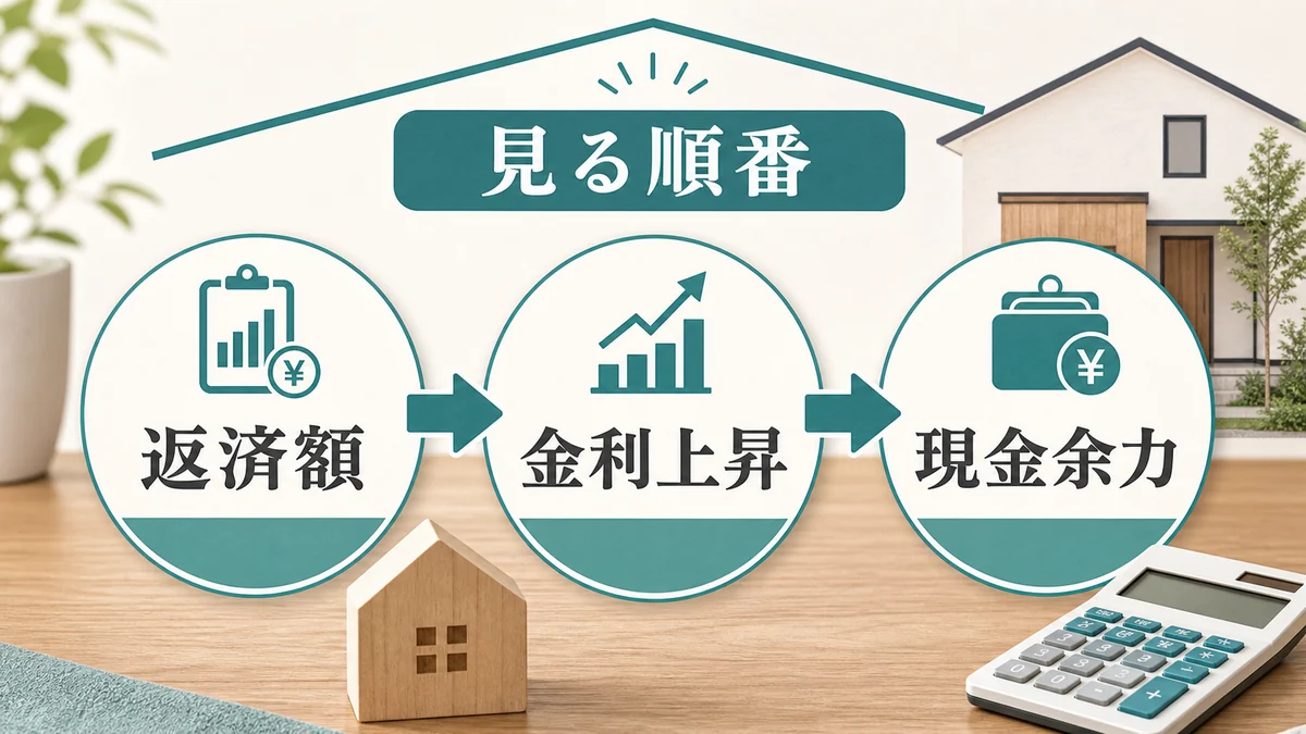 変動金利の住宅ローンで返済額と金利上昇と現金余力を見る順番の図解