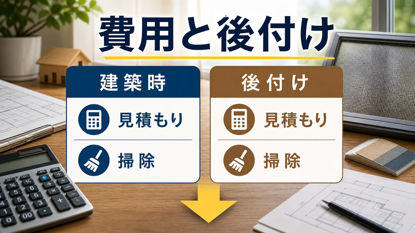 一条工務店の網戸を建築時と後付けで費用や掃除の手間から比較する図