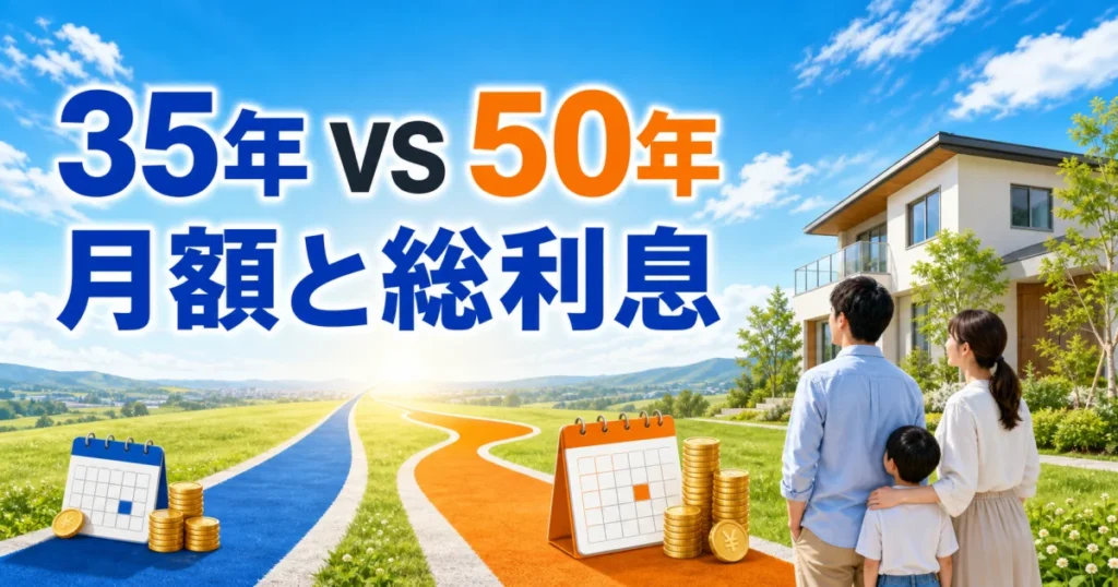 明るい青空の下で35年と50年の住宅ローンの道を比較する若い家族