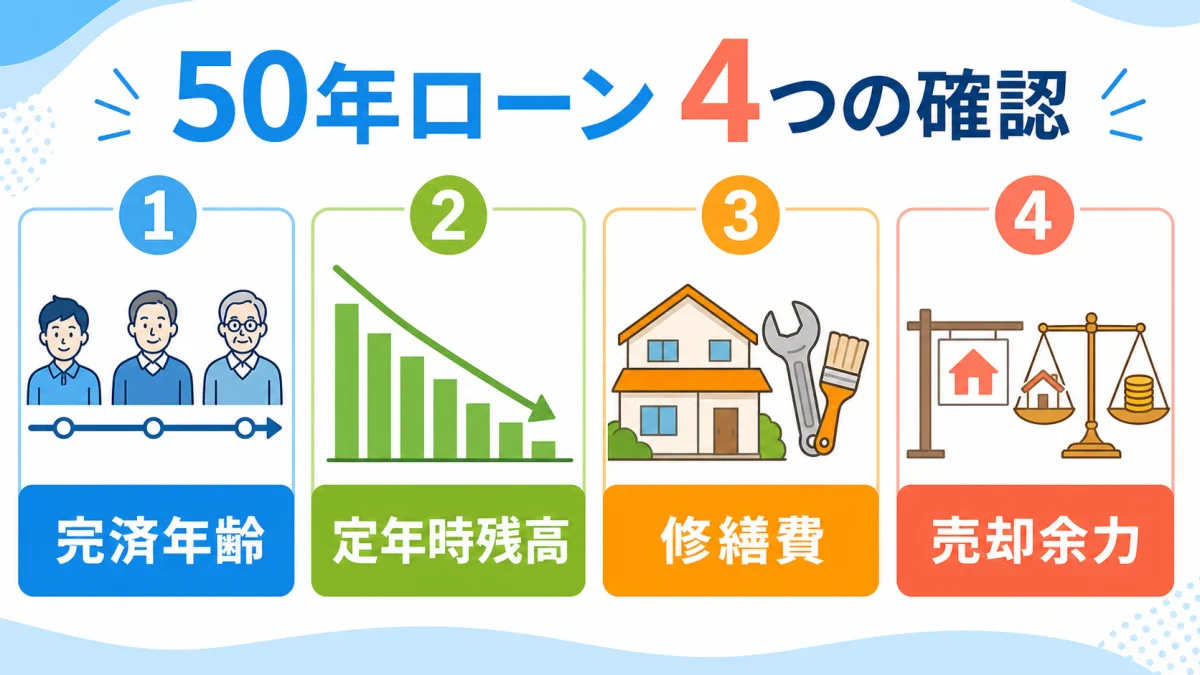 50年ローンを選ぶ前に完済年齢と残高と現金余力を確認する図