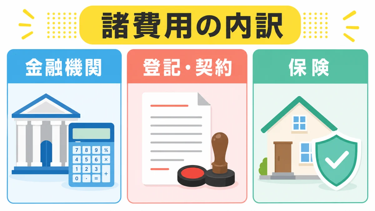 住宅ローン諸費用を金融機関と登記と保険の三分類で示す図