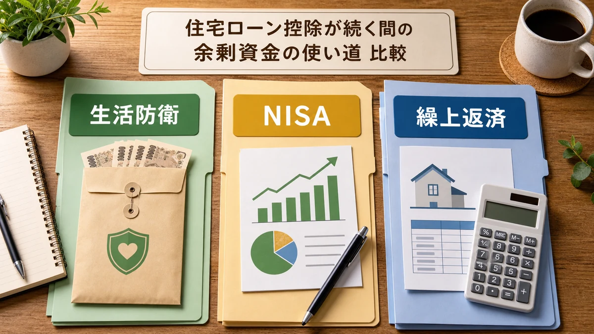 住宅ローン控除中の余剰資金を生活防衛とNISAと繰り上げ返済で比較する図解