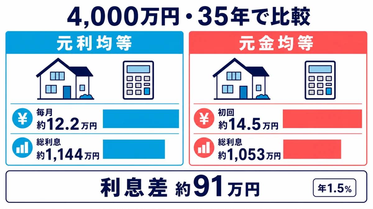 4000万円の住宅ローンで元利均等と元金均等の返済額と総利息を比較する図
