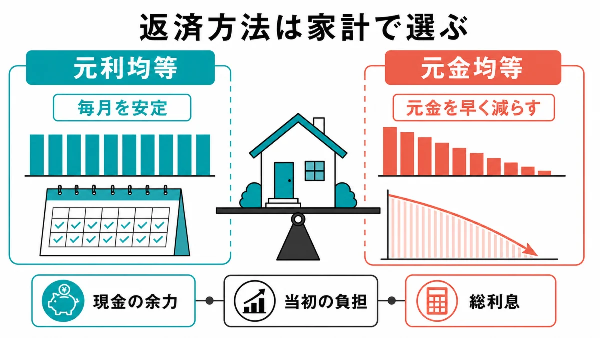 家計の余力と返済初期の負担から元利均等と元金均等を選ぶ判断図