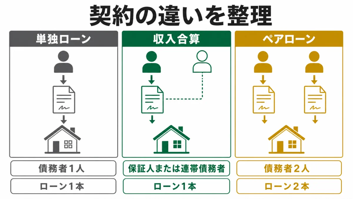 単独ローンと収入合算とペアローンの契約人数を比較する図