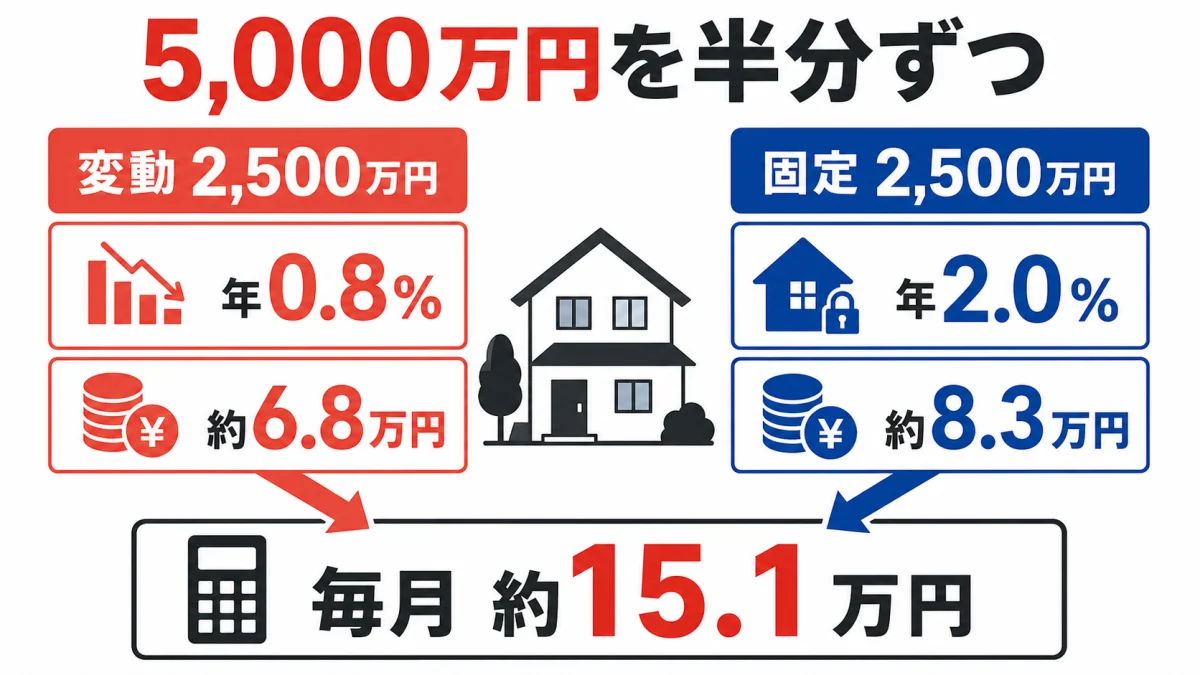 住宅ローン5000万円を変動金利と固定金利に50対50で分けた返済例