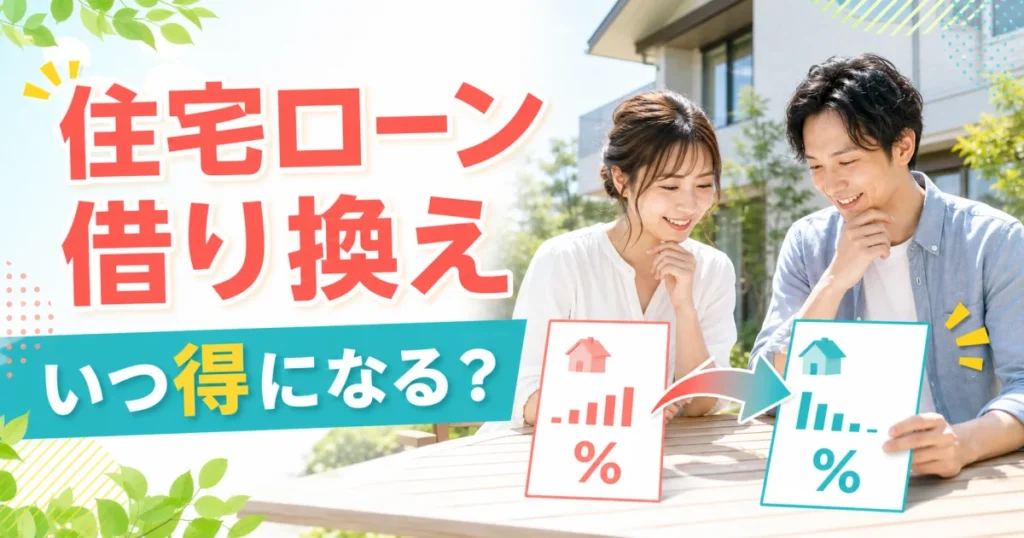明るい家の前で住宅ローンの借り換えによる返済改善を検討する家族