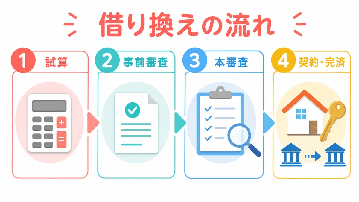 借り換えの事前審査から旧ローン完済までの流れを示す図