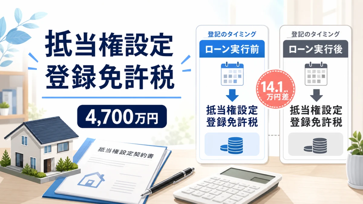 住宅ローンの抵当権設定タイミングで登録免許税が14.1万円変わる比較イメージ