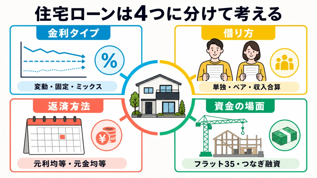 住宅ローンを金利と借り方と返済方法と資金の場面に分けた4分類図