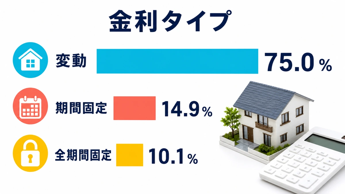 変動金利75.0％と固定期間選択14.9％と全期間固定10.1％を示す図