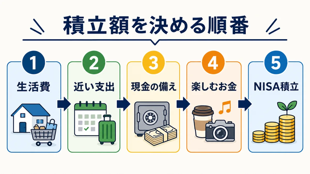 生活費と現金、楽しむお金を確保してからNISA積立額を決める5段階の図解