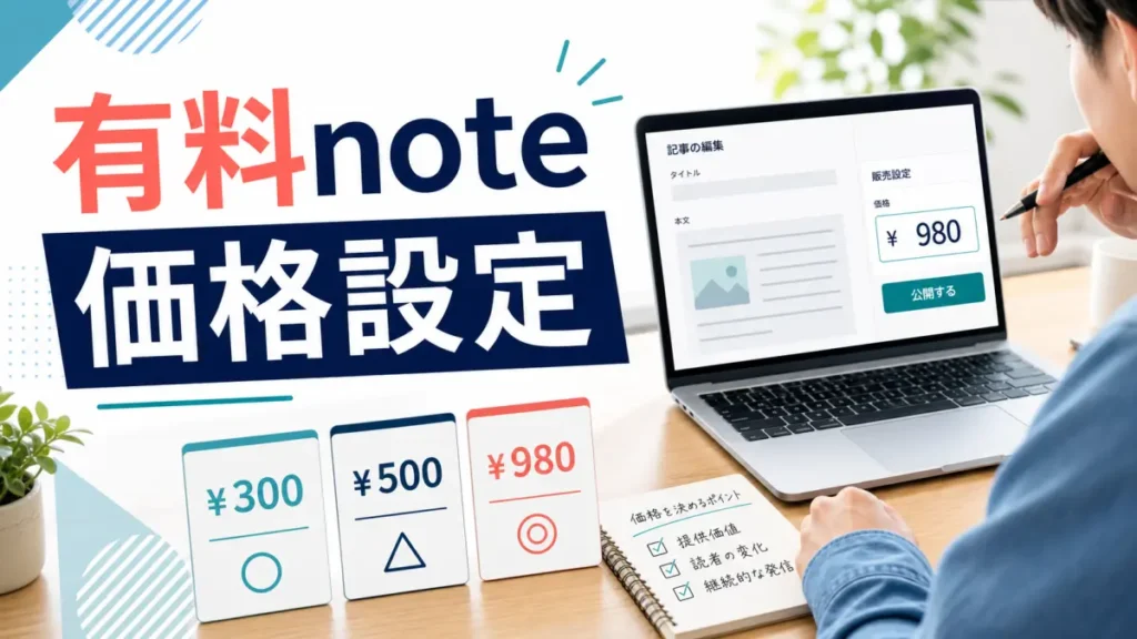 有料noteの価格設定を考えるデスクと価格カード