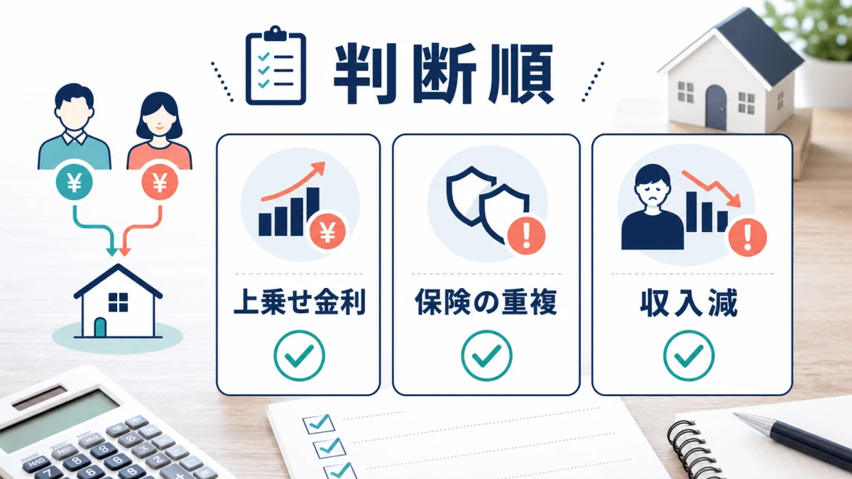 上乗せ金利と保険の重複と収入減からペアローン団信を判断するチェック図