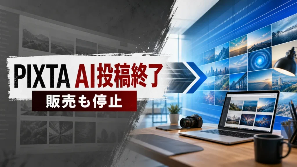 PIXTAのAI生成素材投稿終了とAdobe Stock中心への変化を伝えるアイキャッチ