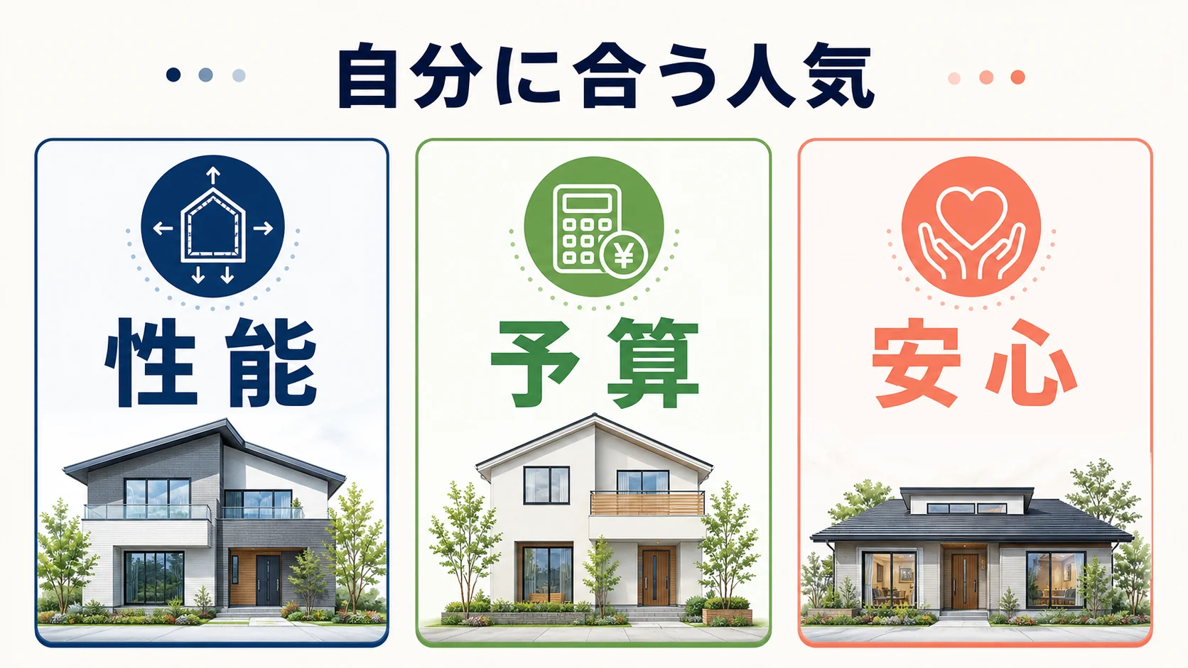 性能と予算と安心の3つから自分に合う人気のハウスメーカーを選ぶ図解