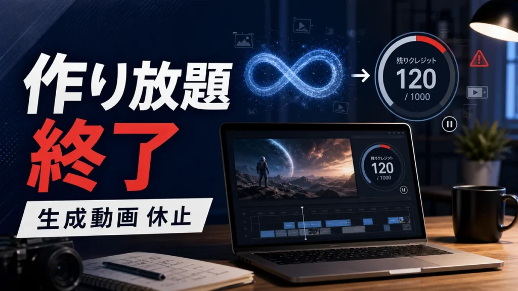 Runwayの作り放題終了と生成動画制作休止を伝えるアイキャッチ