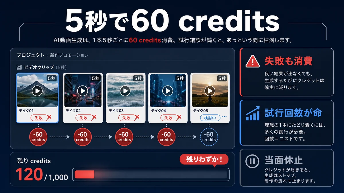 5秒動画で60クレジットを消費し失敗作にもコストがかかる生成動画の図解