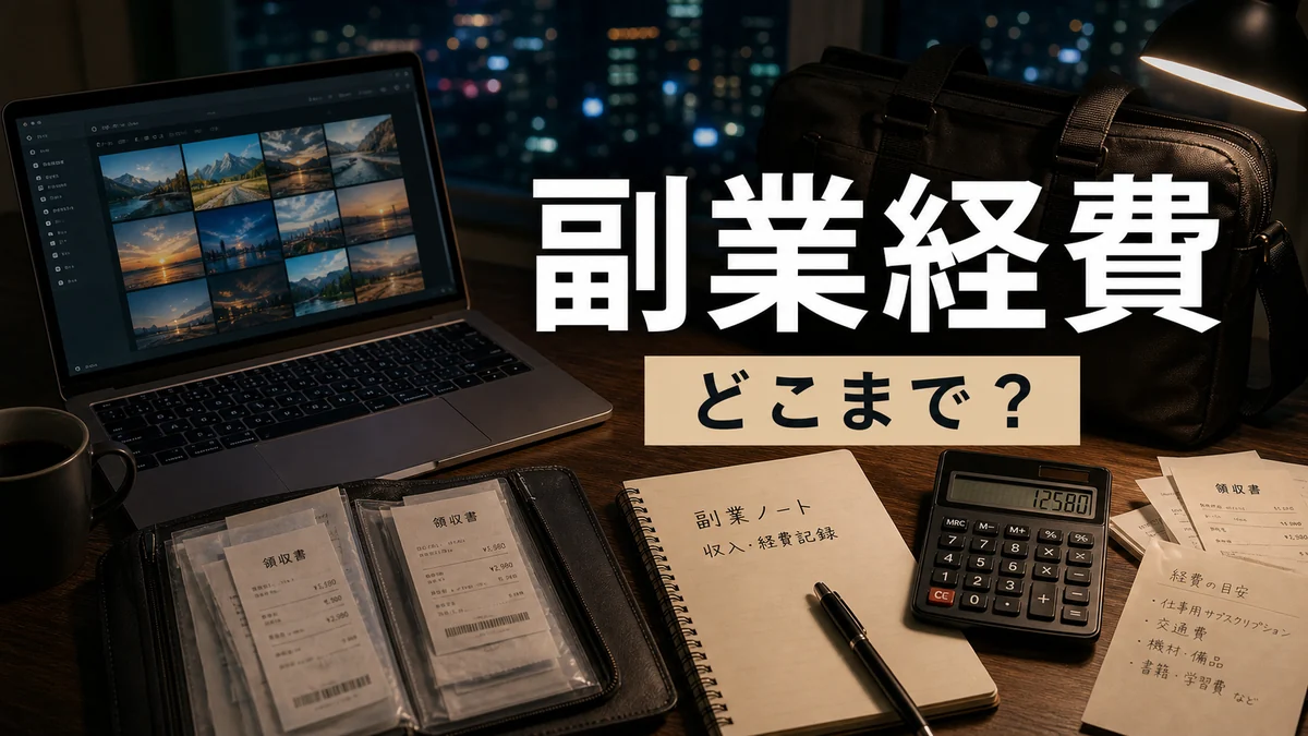 会社員がストックフォト副業の経費を領収書とノートで整理する夜の作業机
