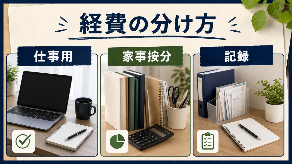 副業経費を仕事用と家事按分と記録に分けて整理する図解
