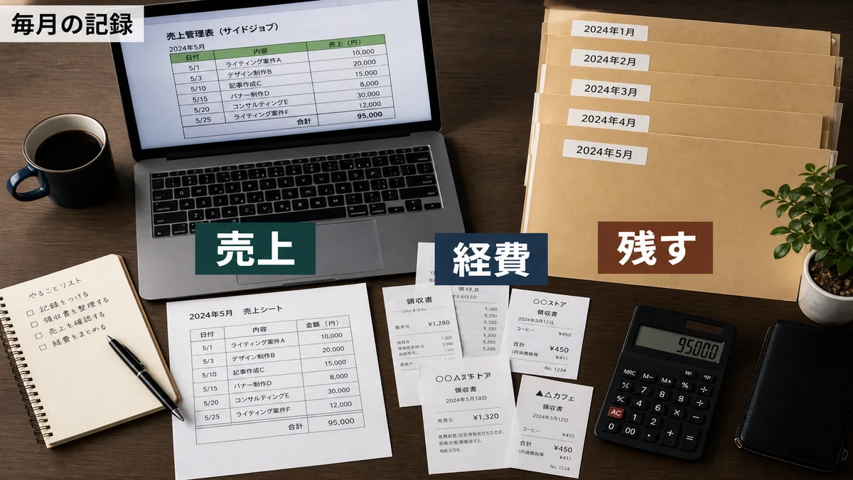 副業の売上と経費を毎月記録して領収書を残すデスク