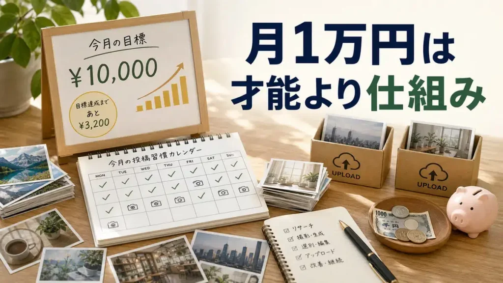 ストックフォトで月1万円を目指すには才能より仕組みが大事なことを表すアイキャッチ画像