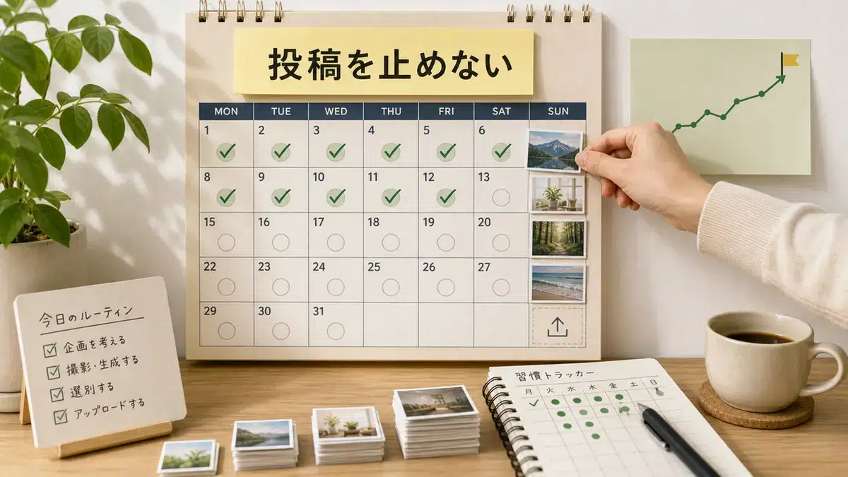 ストックフォト副業で投稿を止めないための習慣カレンダーを表す画像
