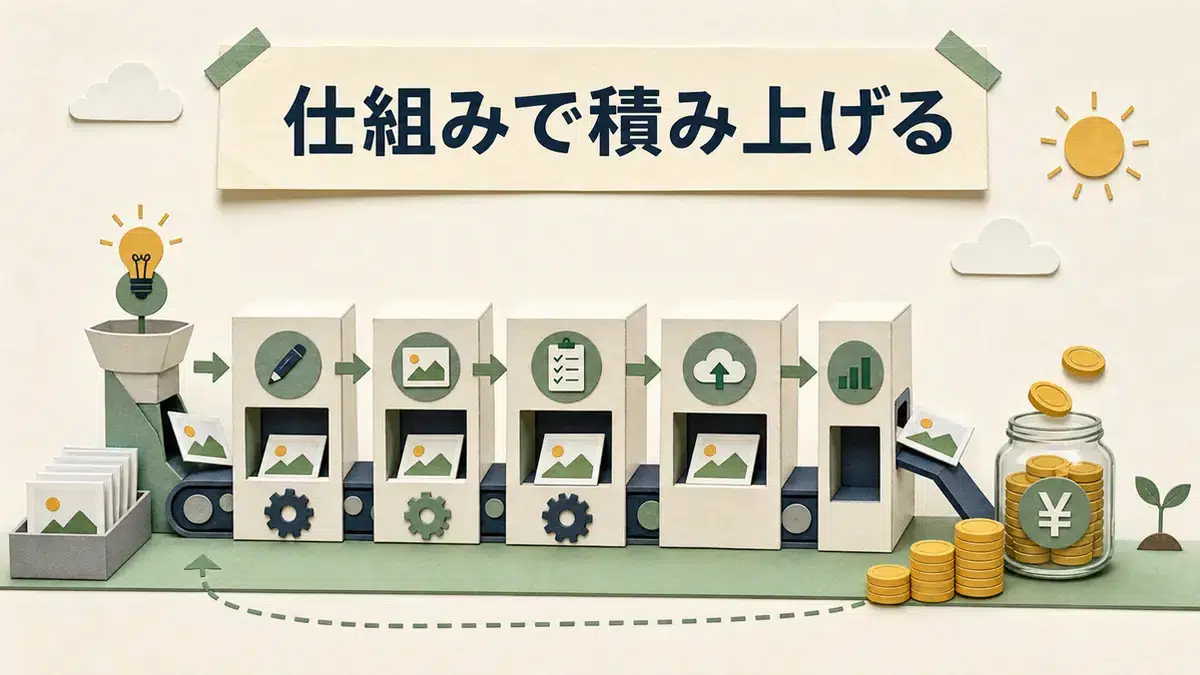 ストックフォト副業で仕組み化して収益を積み上げる流れを表すイラスト