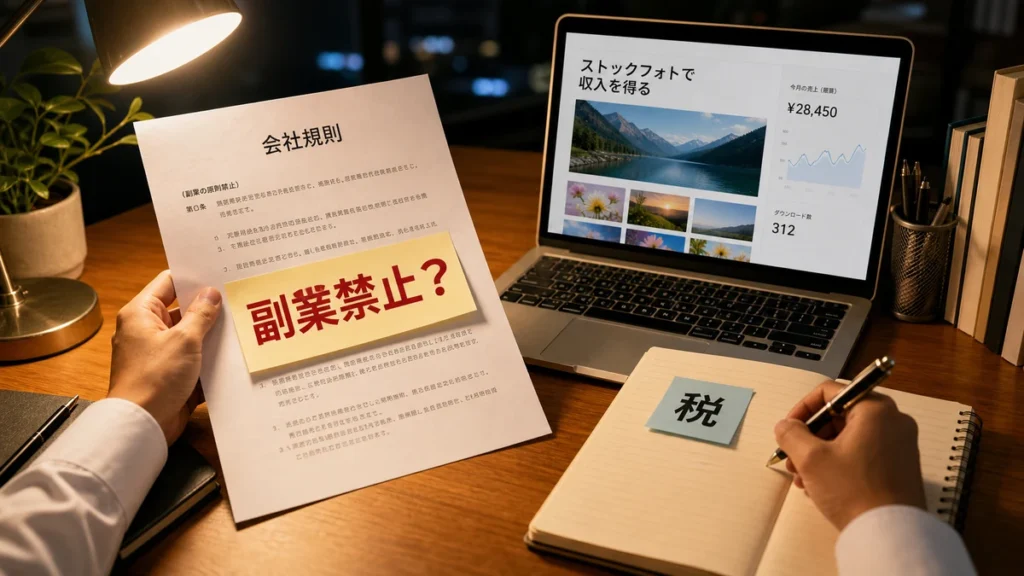 ストックフォト副業が会社で禁止されるか就業規則と税金を確認する会社員の机