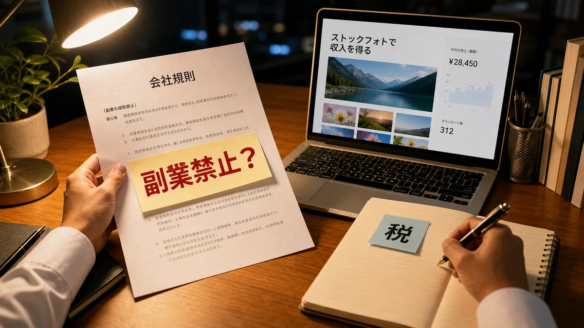 ストックフォト副業が会社で禁止されるか就業規則と税金を確認する会社員の机
