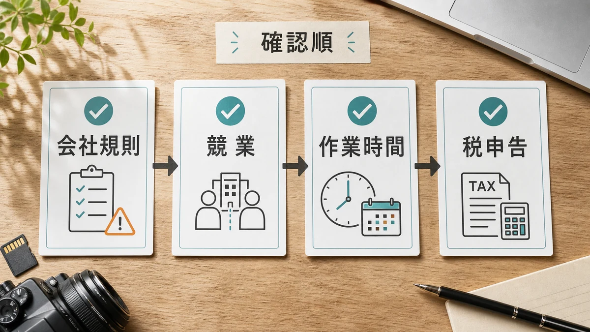 ストックフォト副業を始める前に会社規則と競業と作業時間と税申告を確認する図解