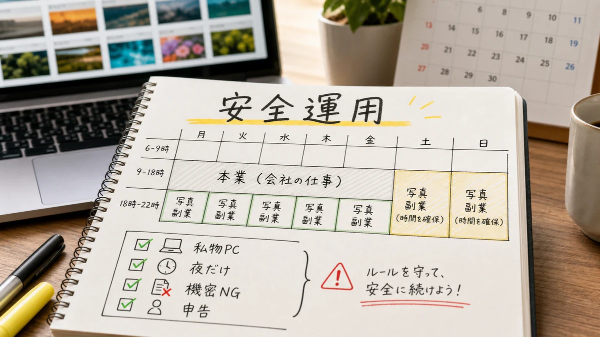 会社員がストックフォト副業を安全に続けるための私物PCと作業時間と機密情報のチェック