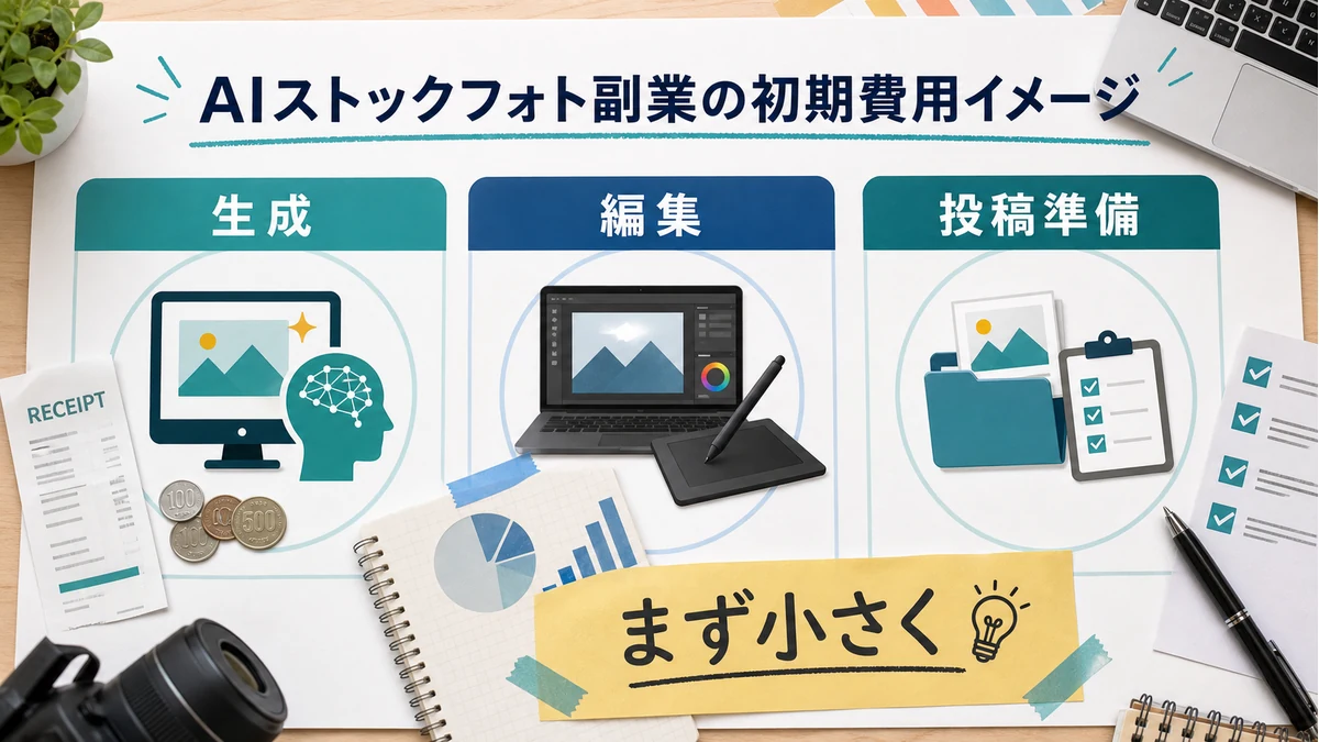 生成、編集、投稿準備に分けてAIストックフォト副業の初期費用を整理した図解